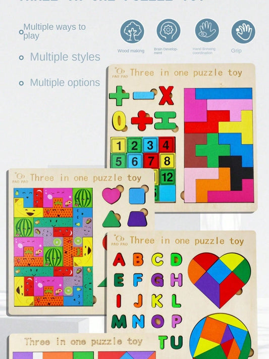 3-in-1 Wooden Puzzle Learning Toy